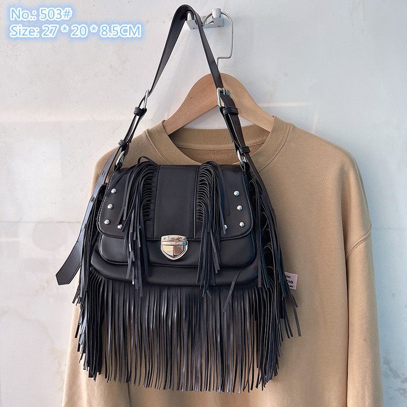 

Wholesale factory ladies shoulder bags exquisite oversized tassel punk messenger bag thickened leather fashion handbag trend personalized rivet backpack, Black-503#