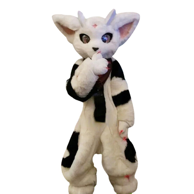 

2022 new Furry Husky Fox Medium Long Fur Mascot Costume Walking Halloween Suit, Black