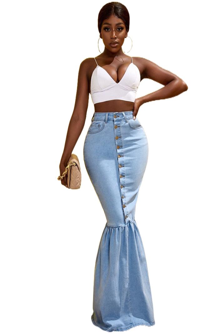 

sxy High Waist Button Fly Mermaid Hem Denim Skirt f3k10121636437, Light wash