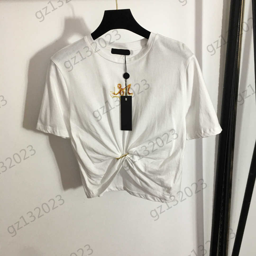 

Womens Clothes T-shirts Front Letter Print Round Neck Short Sleeves Pullover Tops Pin Collect Waist Fold Design Short Tees Designer Brand Women Clothing 2 Colors, 15
