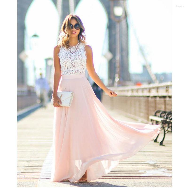 

Casual Dresses Women Lace Panel Chiffon Maxi Spring Autumn Round Neck Sleeveless Harajuku Dress Ladies Slim Party, Pink