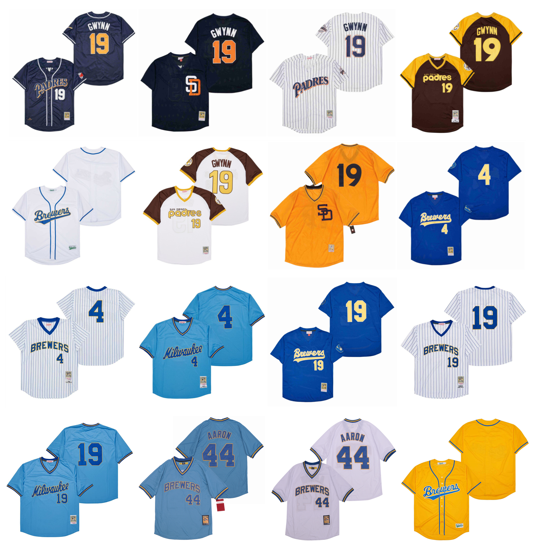 

Mitchell and Ness Throwback Padres 19 Tony Gwynn Baseball Jersey Brewers 4 Paul Molitor 19 Robin Yount 44 Hank Aaron, As pic