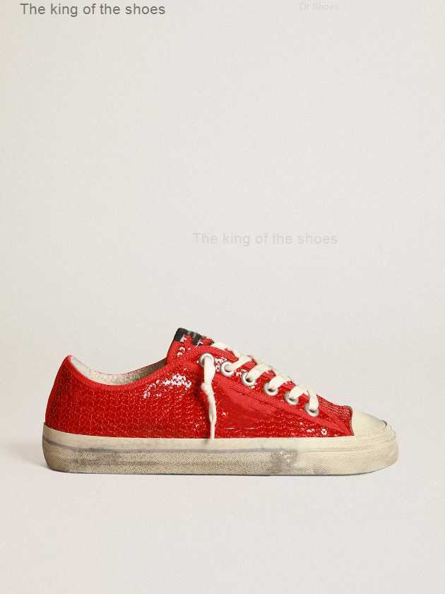 

Sole Dirty Shoe Designer Luxurious Italian Vintage Handmade V-Star Red Sequin Sneaker with Beige Leather XX and Red Grosgrain Heel Tab, White