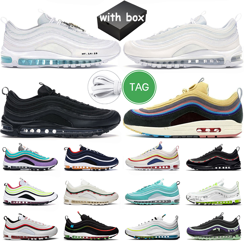 

97 OG Box men women Running Shoes 97s Triple White Sean Wotherspoon Black Gold Silver Bullet Midnight Navy Bred Reflective Sail Bright mens trainer, #36