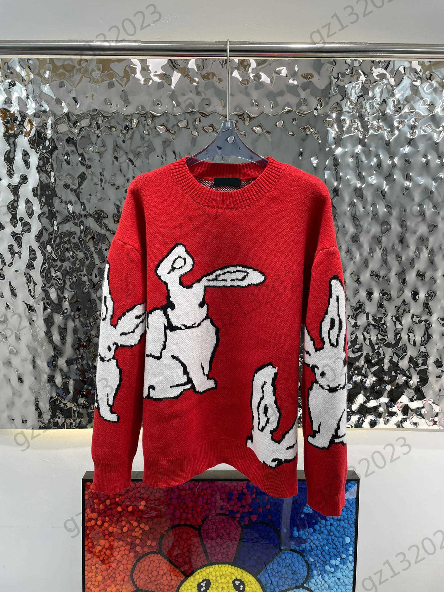 

Womens Sweaters Cartoon Rabbit Print Thread Round Neck Pullover Knitted Sweater Off Shoulder Long Sleeves Loose Warm Knitwear Women Clothes 2 Colors