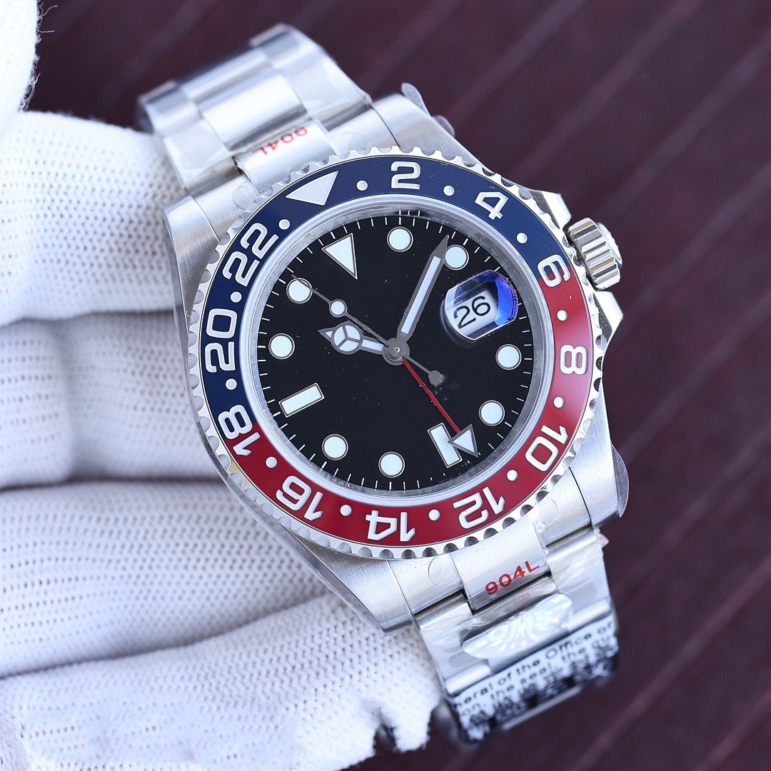 

GMT Dual Time Zone Watch 41MM Pepsi Automatic Movement Mens Mechanical Wristwatch Red Blue Ceramic Bezel Black Dial 904L Steel Bracelet Super Luminous Watches, A1