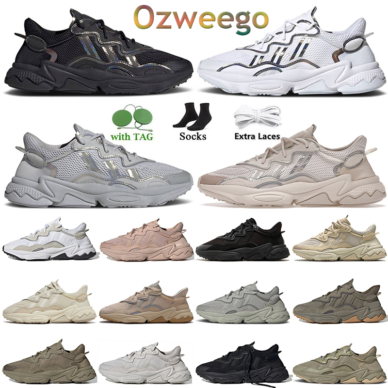 

originals ads ozweego men women running shoes authentic ozweegos triple s black white iridescent trace cargo pale nude bliss chalk pearl runner casual trainers, A2 black iridescent