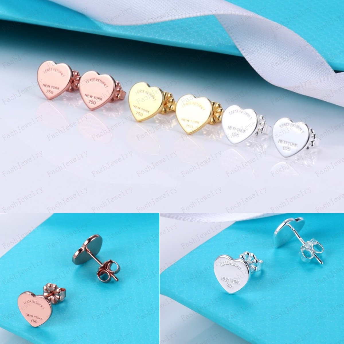 Luxury T gold heart earrings women rose designer studs couple velvet bag stainless steel 10mm thick perforated jewelry gifts women accessories whole
