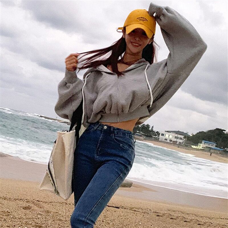 

Women' sportswear sweatshirt designer hooded zipper short sweater women' new fashion loose cardigan coat, Black