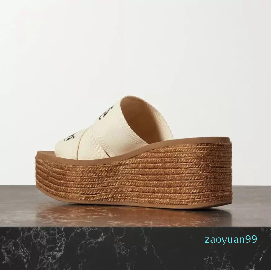 

22S WEDGES heeled Woody Wedge Slipper sandal Women Canvas Platform Espadrille Sandals Slip-on Polypropylene Slippers Thick Rubber Bottom Heel Height 30mm With Box