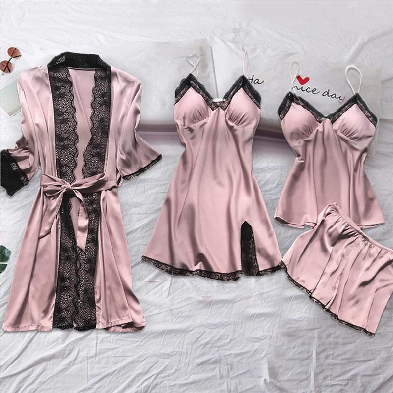 

Women' Sleepwear Full Slip Lace Sexy White Silk Pajamas Set Women 4pcs Chemise Bride Kimono Wedding Robe Nightgown Bathrobe Lingerie, Black