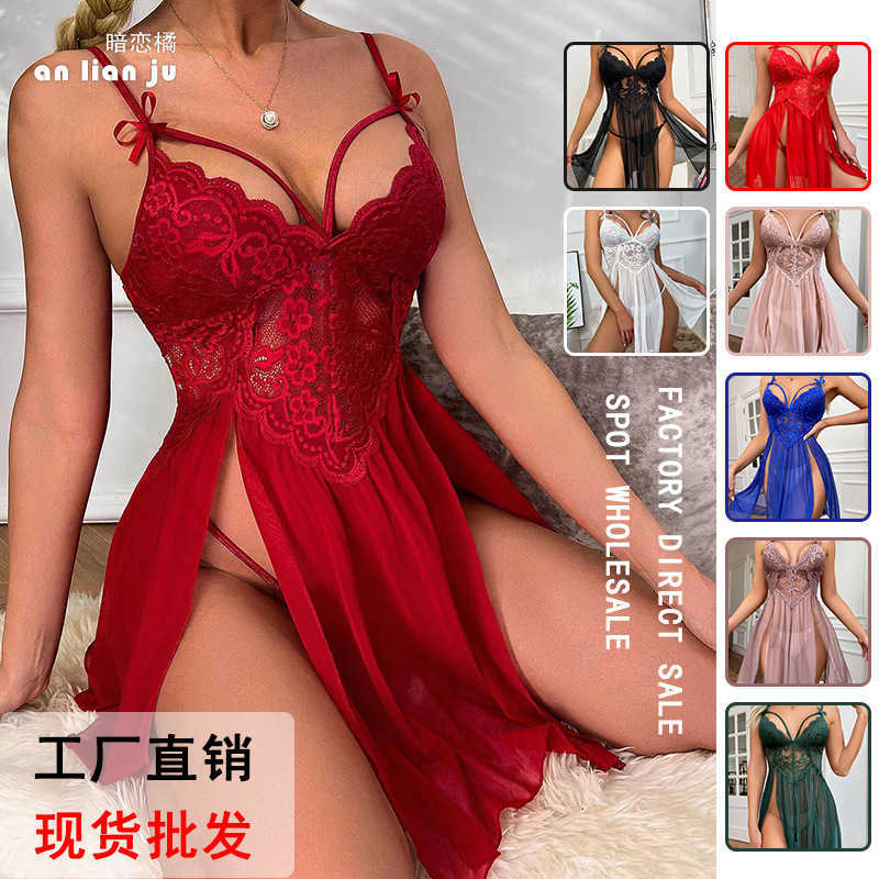 Sex Toy Massager Sexy Lingerie Gauze Perspective Pajamas Lace Embroidery Suspender Nightdress Women's Home Clothes 311-image-830570956