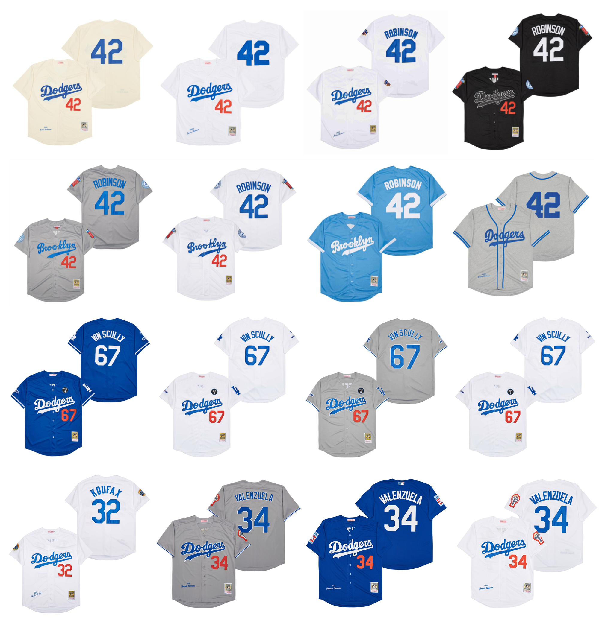 

Mitchell and Ness Throwback Dodgers 42 Jackie Robinson Baseball Jersey Brooklyn 67 Vin Scully 30 Maury Wills 32 Sandy Koufax 34 Fernando Valenzuela Mike 31 Piazza, As pic