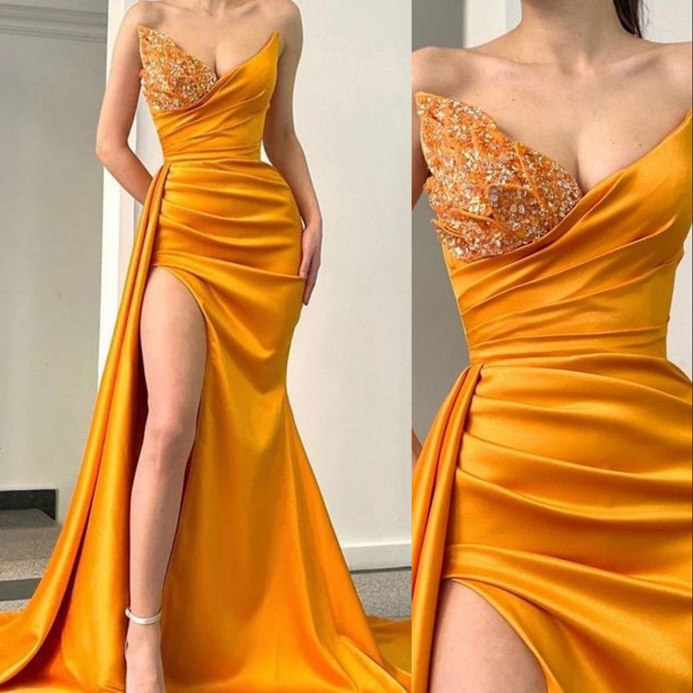 Sexy Arabic Prom Dresses Yellow Sleeveless Ruched Illusion Crystal Beads Sheath Side Split Evening Dress Wear Formal Party Gowns Or Length 403 66603
