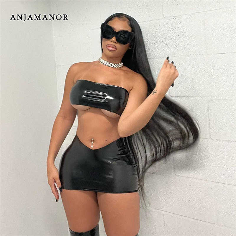 

Women' Two Piece Pants ANJAMANOR PU Faux Leather Black Sexy 2 Piece Crop Tops and Micro Mini Skirt Sets Streetwear Women Clubbing Outfits D87-BF14 T221217