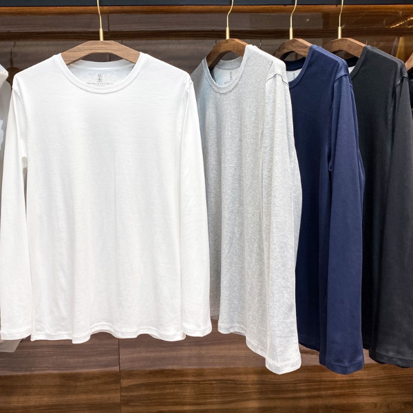 

Men T Shirt Brunello Fall Winter Cucinelli Long-staple Cotton Long Sleeved Pullover Bottoming Shirt Round Neck Casual, White