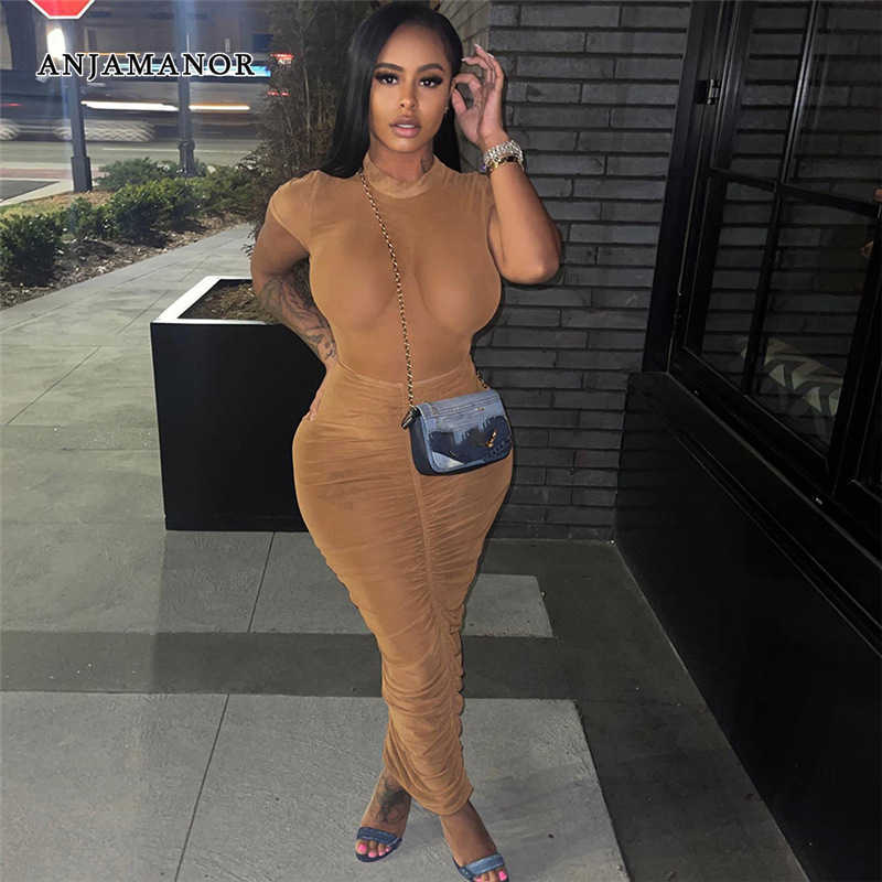 

Women's Two Piece Pants ANJAMANOR Sexy Nude Mesh Ruched Maxi Skirt Set 2 Piece Outfit Dress See Through Club Outfits for Women Matching Sets D96-CE19 T221217, Khaki