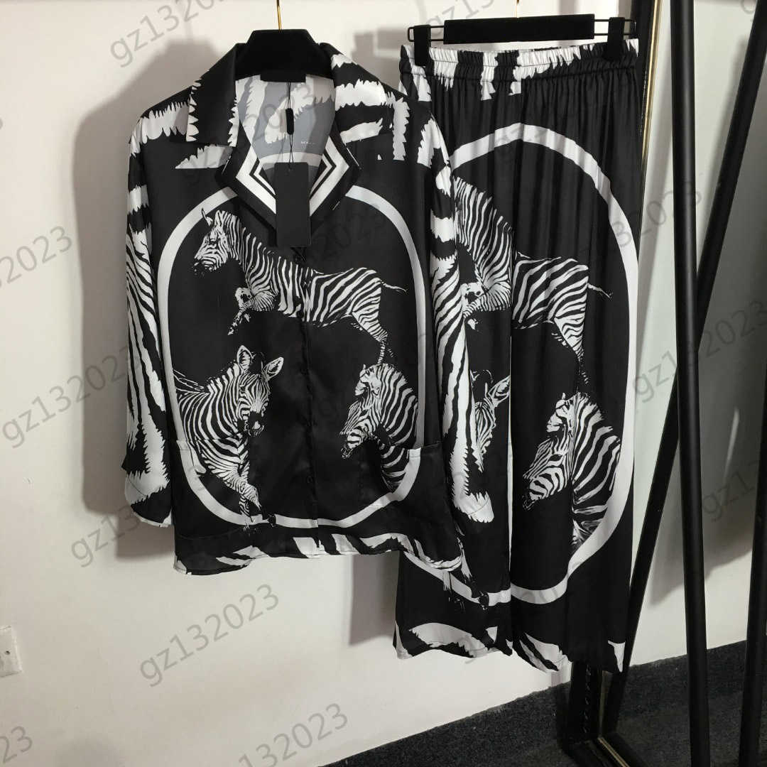 

Two Piece Sets Womens Two Pieces Pants Contrasting Color Zebra Print Lapel Long-sleeved Shirt High-waisted Wide-leg Trousers Fashion Designer Women Clothing