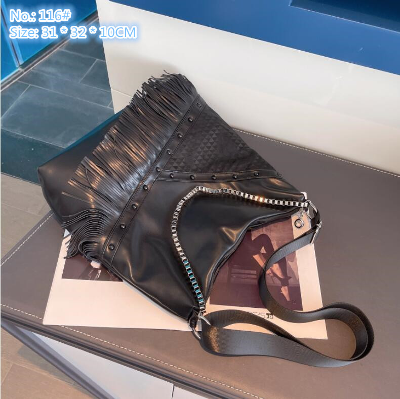 

Wholesale factory ladies shoulder bags street trend fringed punk backpack thickened leather chain fashion handbag outdoor leisure leather messenger bag, Black-116#