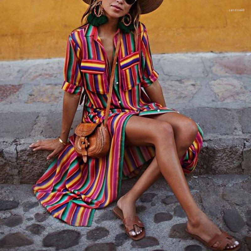 

Casual Dresses 2022 Long Dress Party Summer Striped A-line Print Boho Beach Women Short Sleeve Office Shirt Clothing, Purple