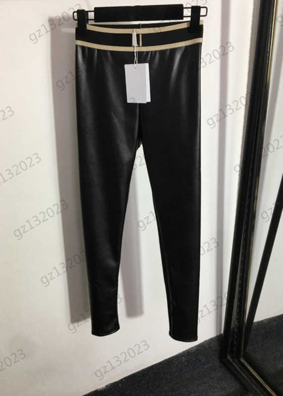 

Women Pants Stripes Decorate Letter Webbing Elastic Waist Capris Leggings Pu Leather Fabric Add Fleece And Thicken Warm Pants Slimming Joker Womens Apparel 1970