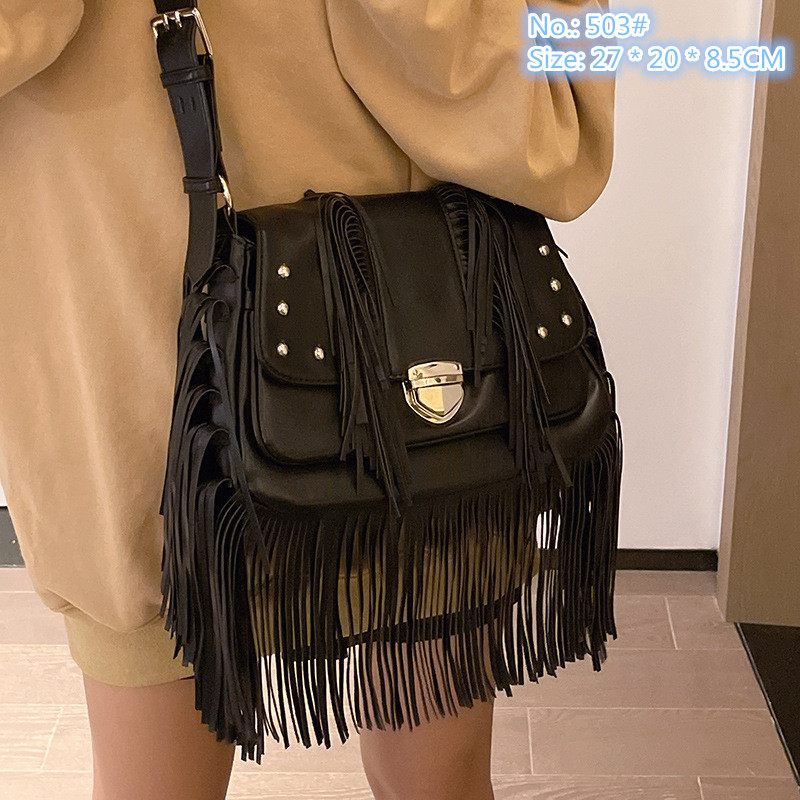 

Wholesale factory ladies shoulder bags exquisite oversized tassel punk messenger bag thickened leather fashion handbag trend personalized rivet backpack, Black-503#