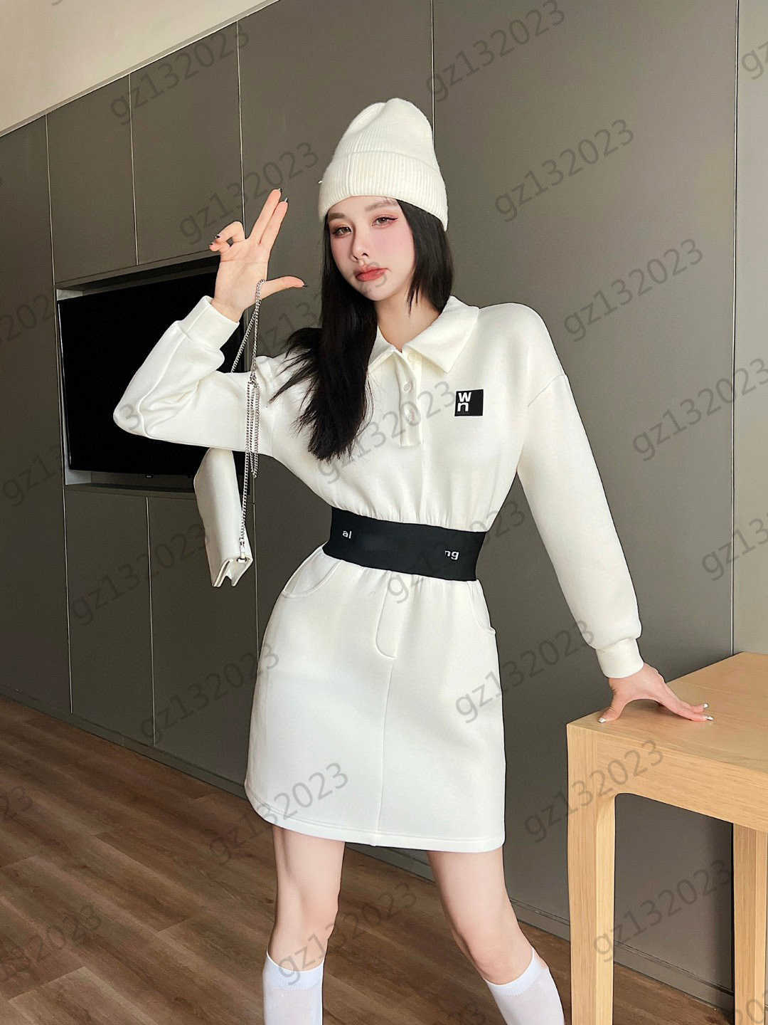 

Casual Dresses Womens Designer Clothing Front Letter Print Webbing Collection Waist Design Long Sleeve Dresses Polo neck Fashion slimming Dress Women Clothes