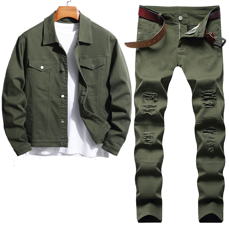 

2023 Tracksuits Simple Green Men's 2 Piece Sets Spring Long Sleeve Jacket and Ripped Hole Stretch Jeans Autumn Couple Denim Suit Ropa Hombre, Jacket and jeans 1970.820