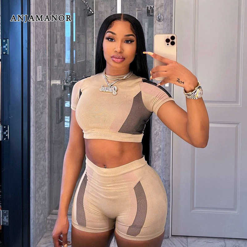 

Women's Two Piece Pants ANJAMANOR Colorblock Crop Top and Shorts 2 Piece Set Women Clothing Casual Outfit Sportswear Track Suits Matching Sets D85-CH20 T221217, Khaki