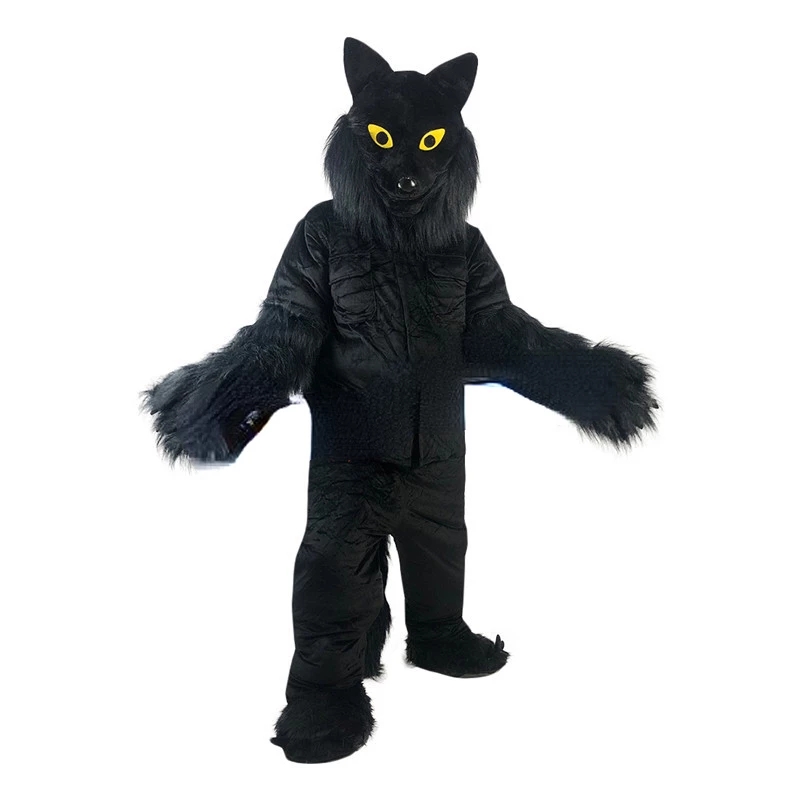 

Wolf Mascot Black Long-haired Fursuit Walking Puppet Animal Costume Performance Costume Event Banyan, As pic