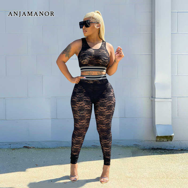 

Women's Two Piece Pants ANJAMANOR Black Lace Summer 2 Pieces Set for Women Sexy See Through Outfits Crop Top and Pants Matching Sets Club Wear D22-DB23 T221217