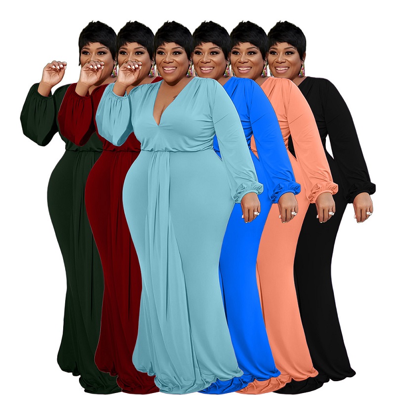 

Plus Size Stretch Dresses Women Full Sleeve Sexy V Neck Draped Maxi Dress, Blue