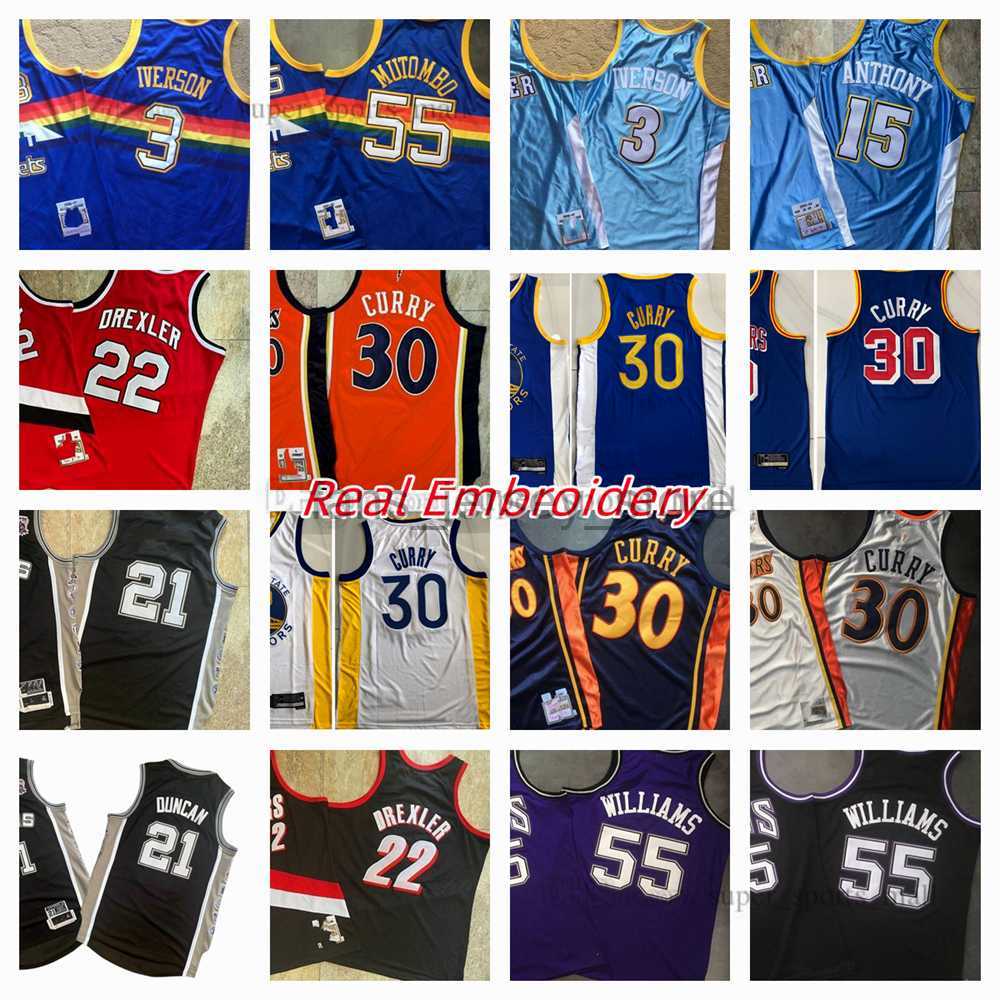 

Real Embroidery Retro Mitchell and Ness Basketball Jerseys Carmelo Iverson Anthony Dikembe Mutombo Stephen Curry Allen Clyde Drexler Jason Williams Tim Duncan, Same as picture