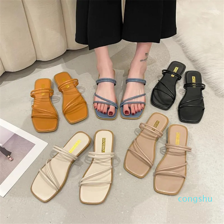 

Slippers Two Wear Sandals And 2022 Fashion Simple Women's Shoes Square Toe Flat Bottom Beach Solid Color, Apricot