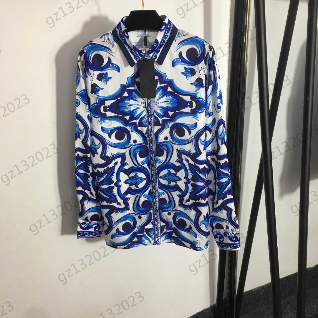 

Womens Blouses Tops Blue And White Porcelain Printing Fashion Blouse Single Row Button Open Lapel Long Sleeves Shirts Spring Autumn Brand Women Clothes