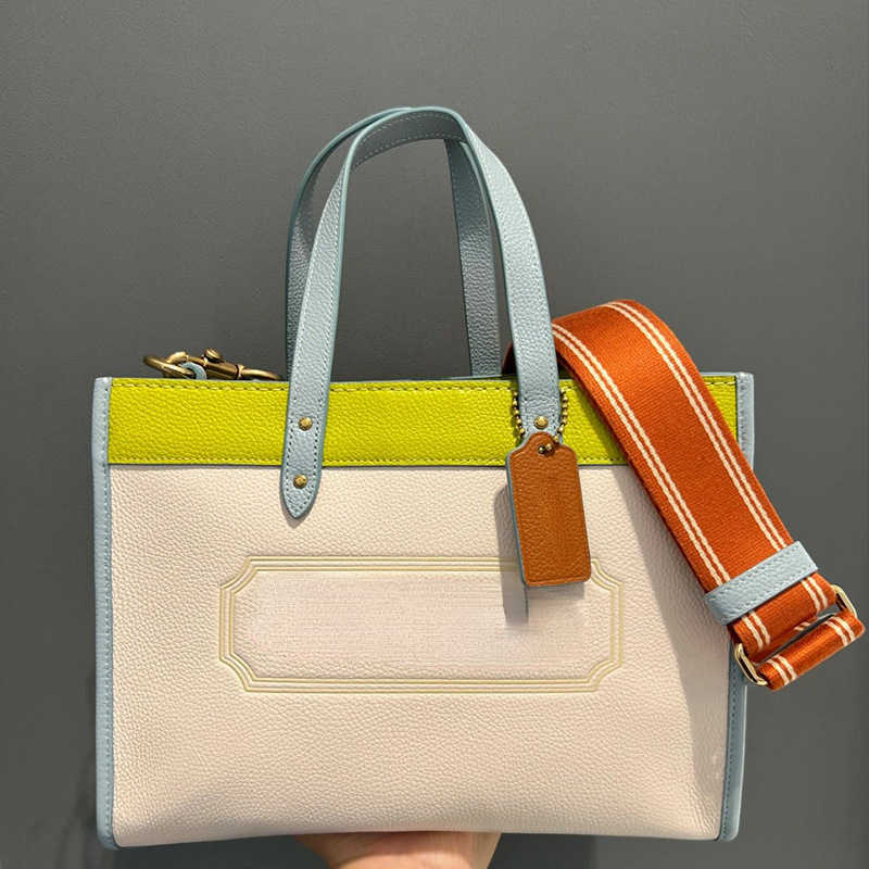 

Shoulder Bags Female Field Designer 30 Horizontal Tote Lake Water Blue Color Contrast Handheld Wide Strap Messenger