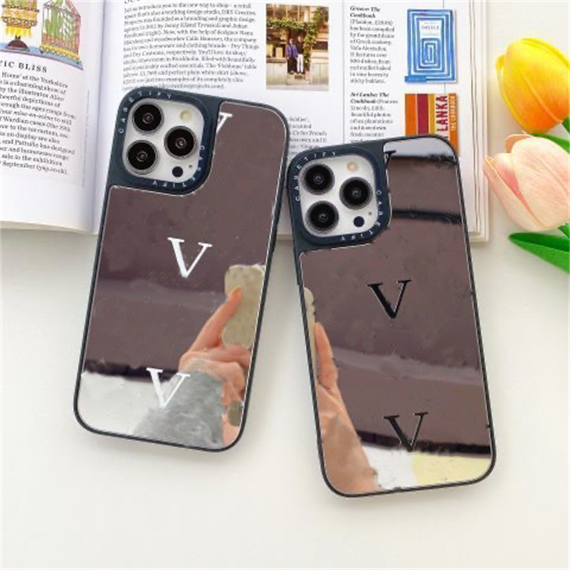 

Designers Fashion Gliter V Mobile Phone Case Luxury IPhone Cases Glass Mirror Shell Cover Protective Shell For IPhone 14 13 12 11 Pro Max, Black