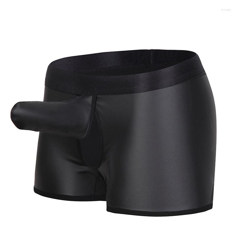 

Underpants AIIOU Mens Underwear Black Faux PU Leather Gay Men Boxers Shorts Sexy Elephant Nose Pouch Male Panties Cueca