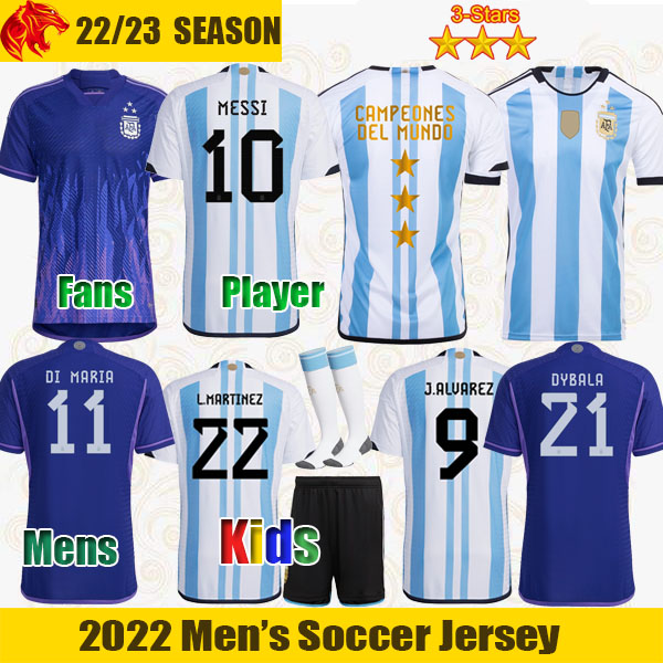 

3 stars Argentina Soccer Jerseys DYBALA MESSIs DE PAUL 2022 Fans Player Version ALVAREZ LAUTARO MARTINEZ DI MARIA Football Shirt MARADONA Kids Kit Mens Jersey 4XL, Shorts away