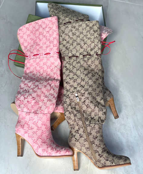 

2022 Designer Boots Women Over The Knee Boots Fashion Ankle Boots Zipper Printed Canvas Winter Dress Shoes Classic High Boot Top Quality With Box NO317, Color 1