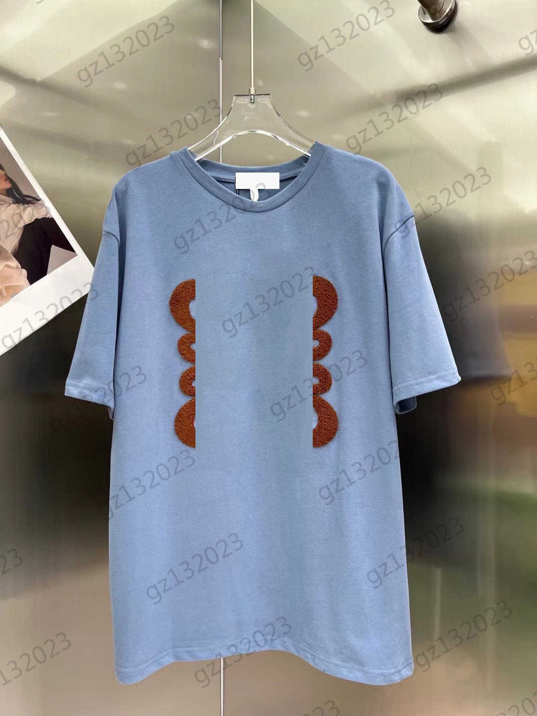 

Womens Clothes T-shirts Flocking Logo Embroidery Plain Double Strand Crew Neck Pullover Short Sleeve Tops Shoulder Drop Design Loose Tees Women Apparel 2 Colors