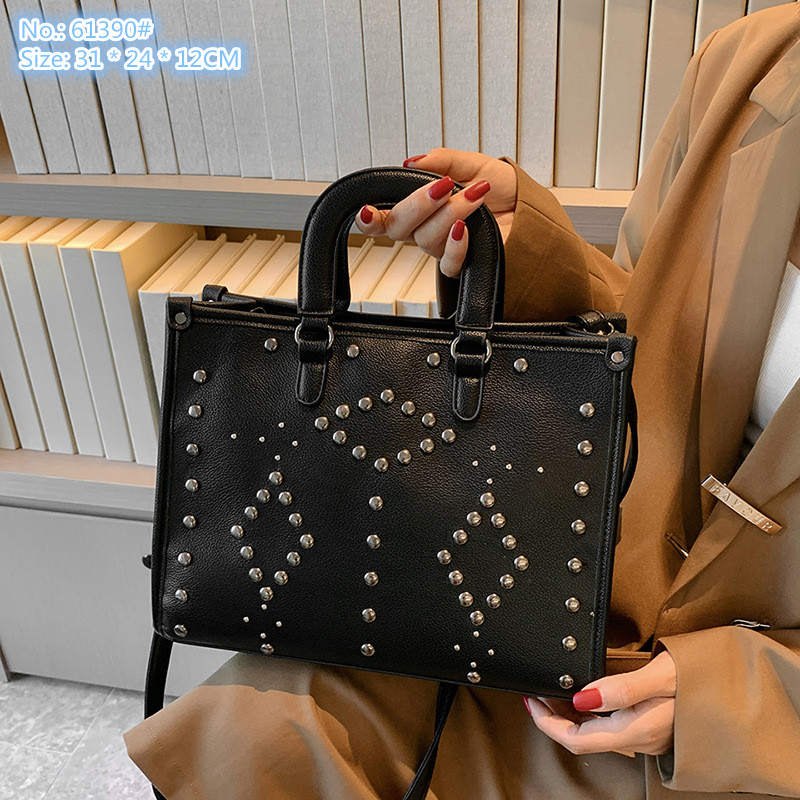 

Wholesale factory ladies shoulder bags 4 color simple Joker retro rivet tote bag large capacity multi-layer solid color leather handbag street personality backpack, Brown-61390#