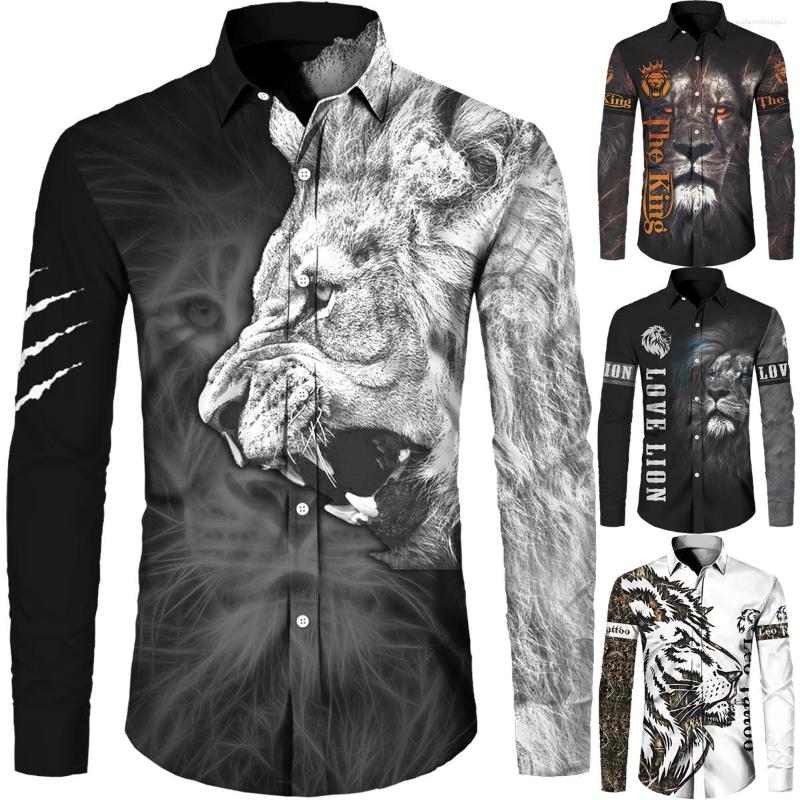 

Men's Casual Shirts Fashion Luxury Social Men Turn-down Collar Buttoned Shirt Lion Print Long Sleeve Tops Men's Clothing Prom Outwear, C-14