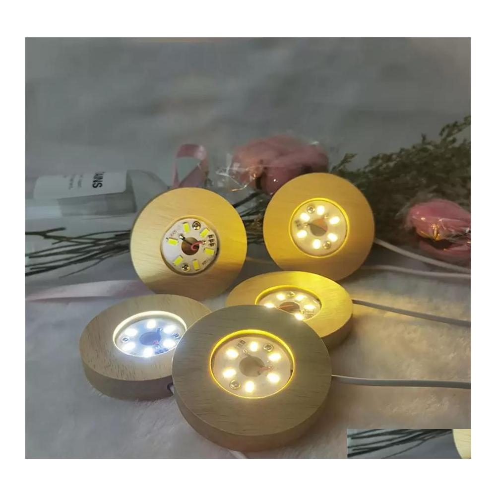 

Other Home Decor Wooden Led Light Dispaly Base Usb Rechargeable Crystal Glass Resin Art Ornament Wood Night Lamp Holder Display Drop Dh7I2