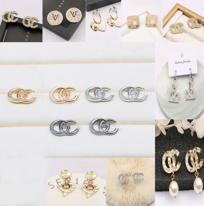 Lots 18K Gold Plated Brand Designers Letters Stud Geometric Famous Women Crystal Rhinestone Pearl Earring Wedding Party Jewelry