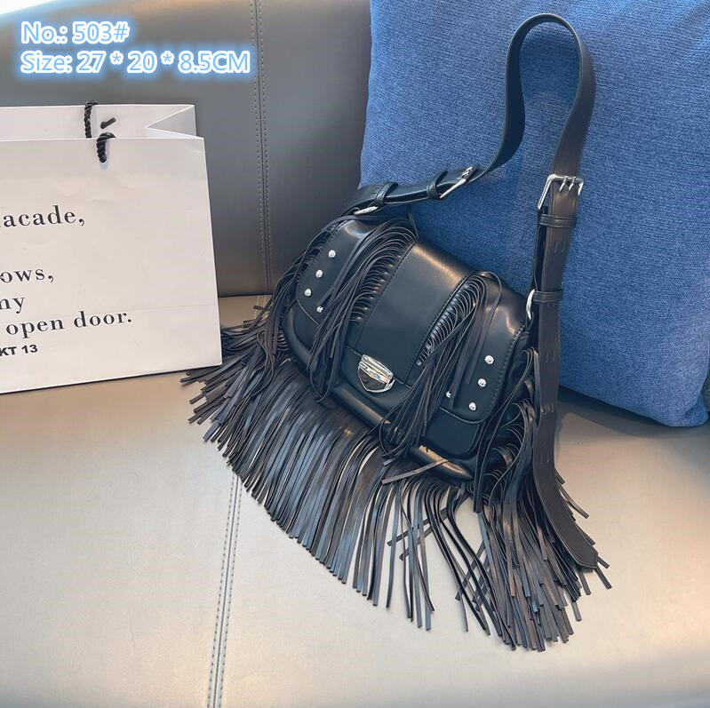 

Wholesale factory ladies shoulder bags exquisite oversized tassel punk messenger bag thickened leather fashion handbag trend personalized rivet backpack, Black-503#