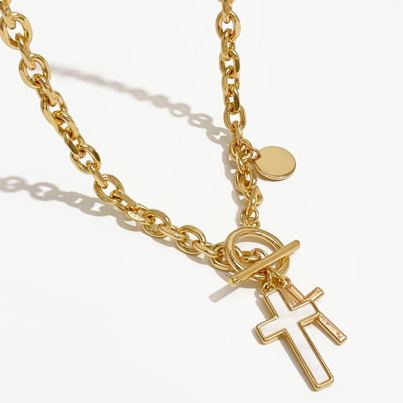 

Chains Peri'sbox Chunky Link Chain Cross Charm Toggle Clasp Necklace For Women Gold Silver Plated Natural White Shell Coin Necklaces