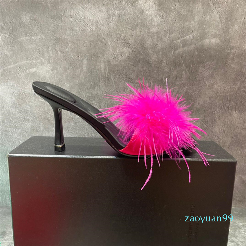 

Summer Woman Pumps Slippers Transparent Feather Perspex Crystal High Heels Fur Peep Toe Mules Slippers Ladies Slides Shoes Size 35-43, Red