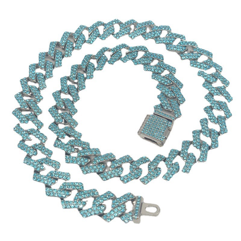 

custom chain designer necklace for women jewelry pendant channel pendants Hip Hop Clamshell small Box Buckle rhombus 15mm blue full diamond Cuban chains necklaces