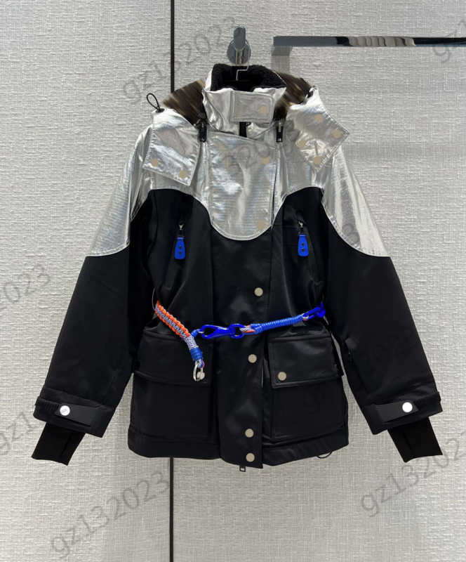 

Puffer Coat Womens Down Parkas Color Matching High Collar Pockets Hooded Winter Coat Waist Weave Safety Rope Design Windproof Sleeve Warm Outerwear Women Wear 1970